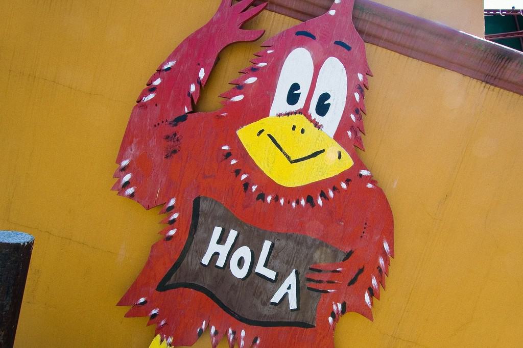 Chicken with Hola inscription