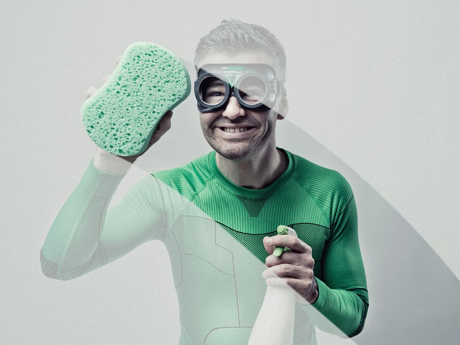 Superhero Cleaning With Sponge And Detergent