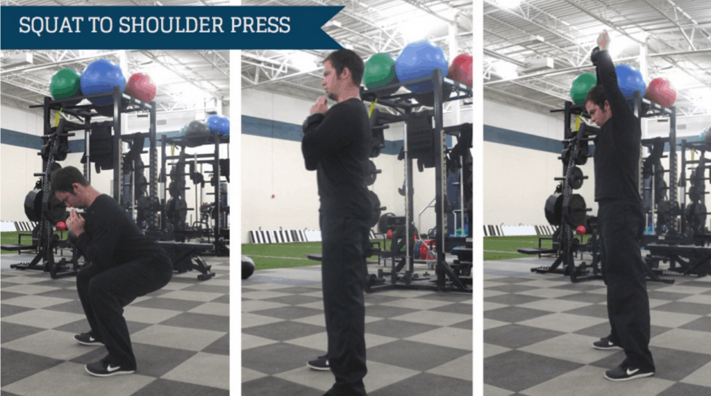 Squat to shoulder press with kettlebell